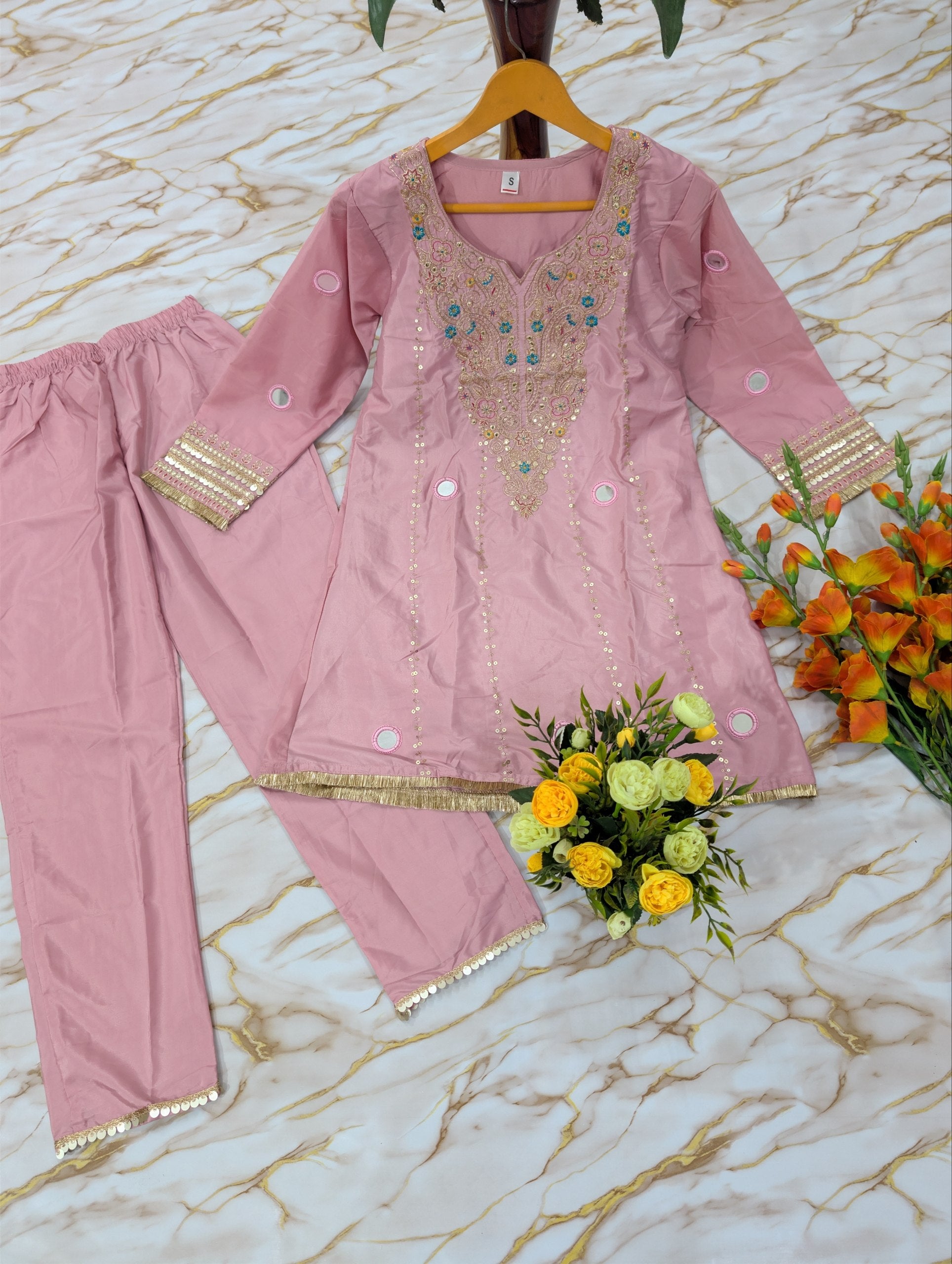 Ethnic Crepe Silk Kurta Palazzo Set With Mirror Work