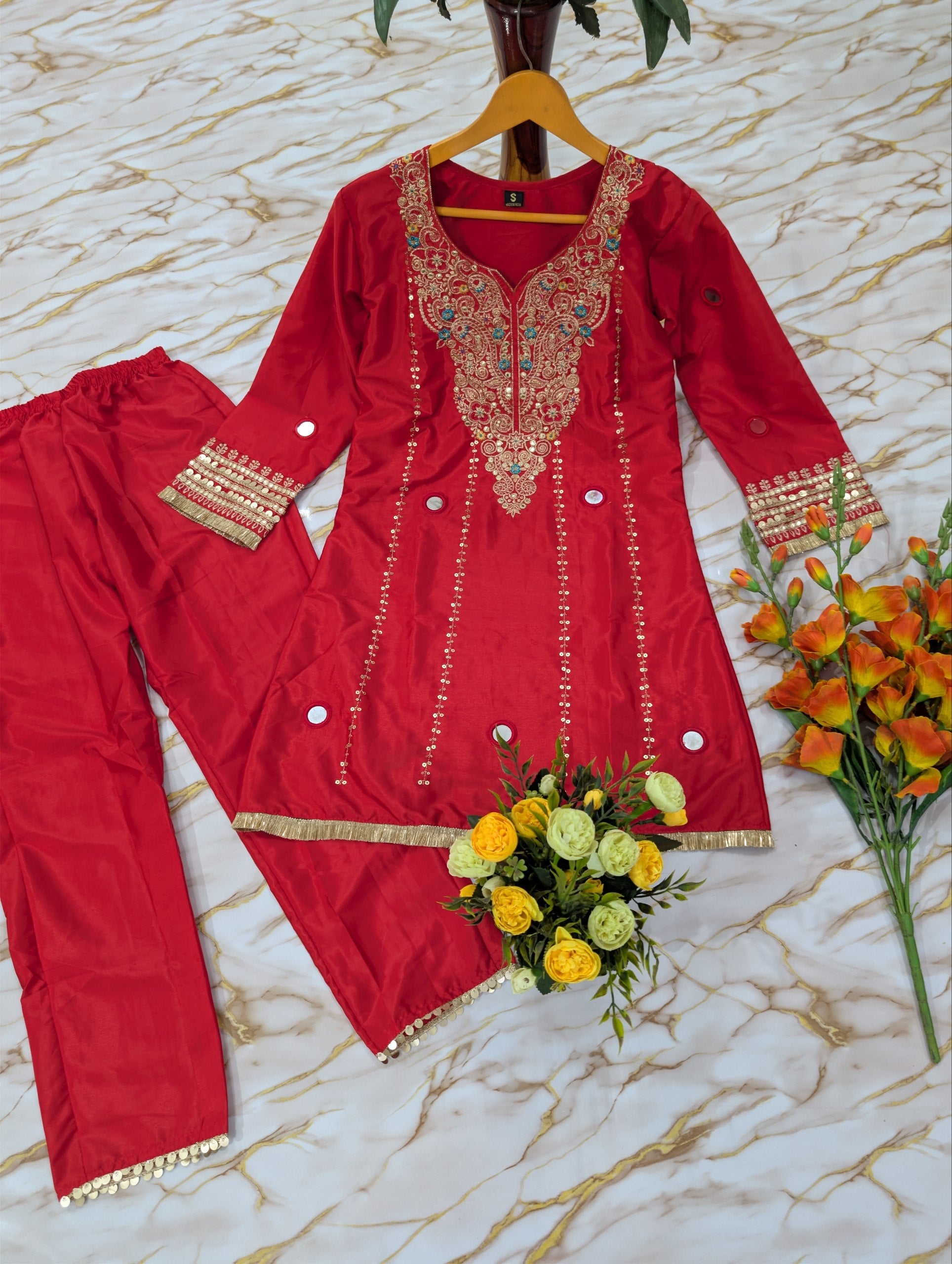 Ethnic Crepe Silk Kurta Palazzo Set With Mirror Work