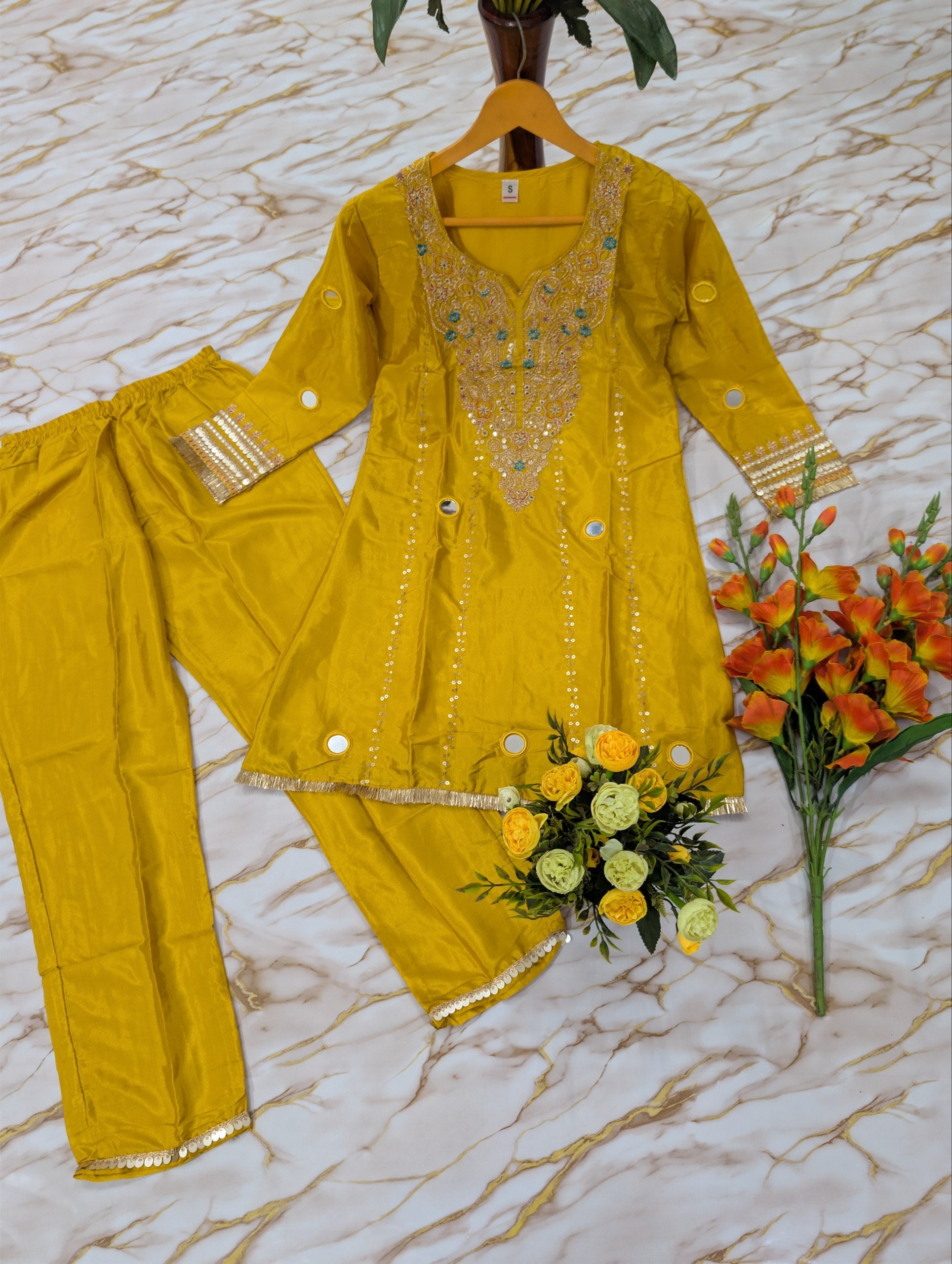 Ethnic Crepe Silk Kurta Palazzo Set With Mirror Work