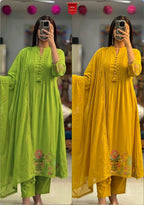 New Chanderi Silk Aline Embriodery Suit Set