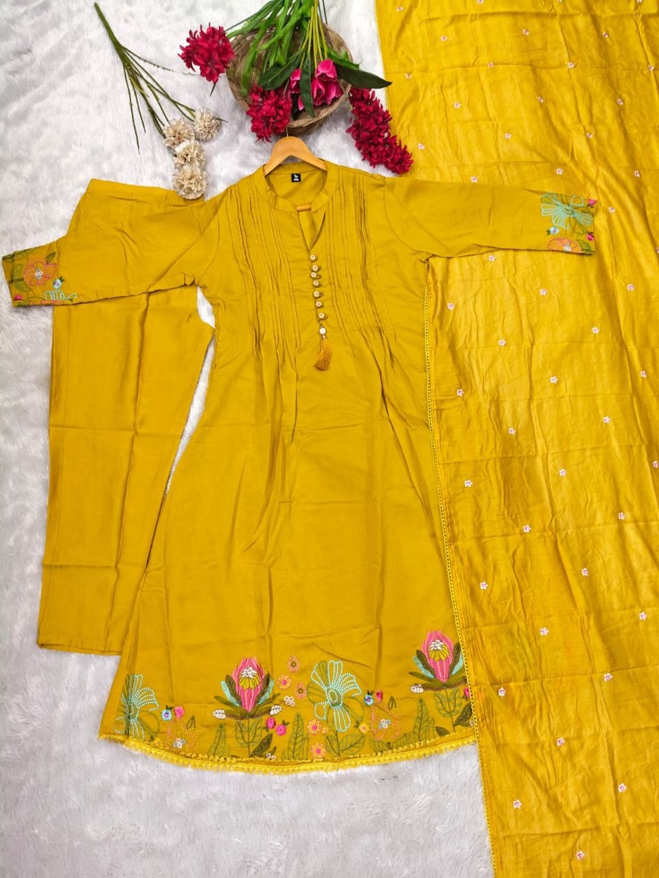 New Chanderi Silk Aline Embriodery Suit Set