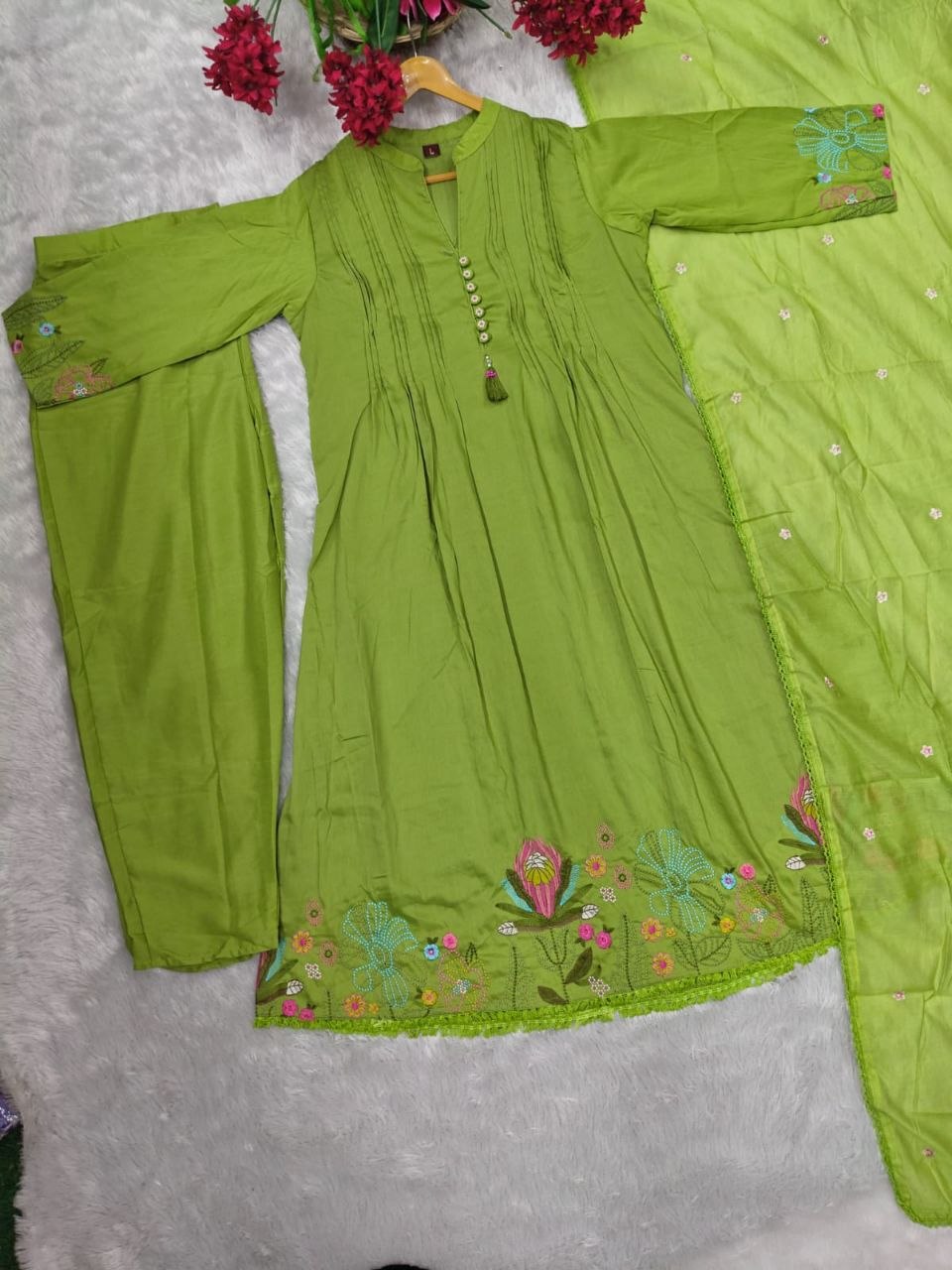 New Chanderi Silk Aline Embriodery Suit Set