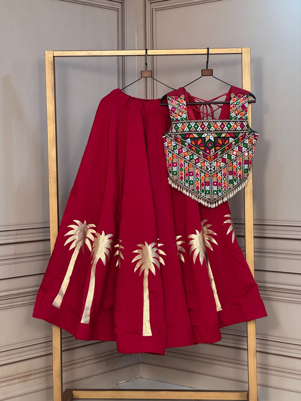 Roman Silk Gota Work Lehenga with Kutchi Blouse Set