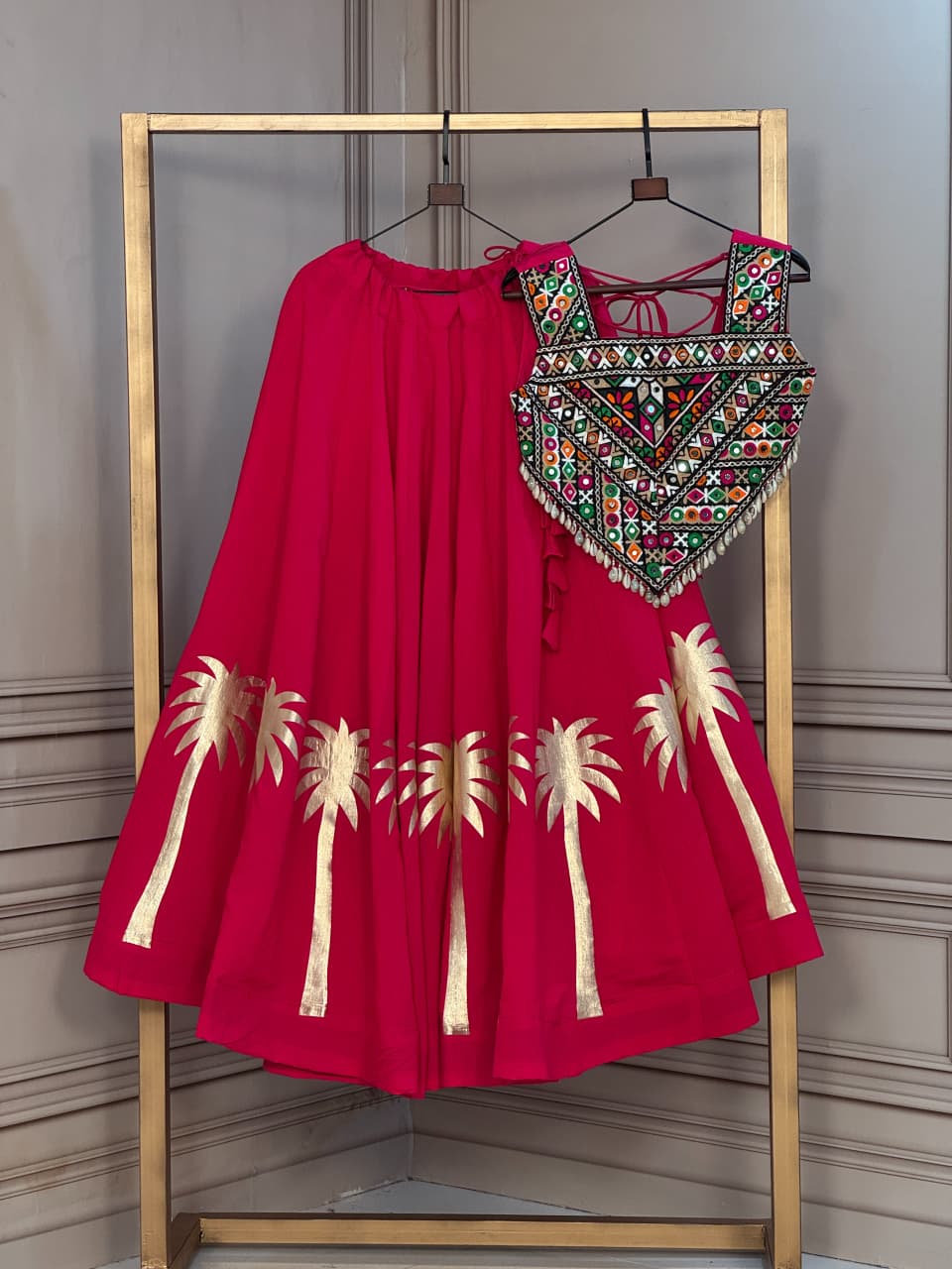 Roman Silk Gota Work Lehenga with Kutchi Blouse Set