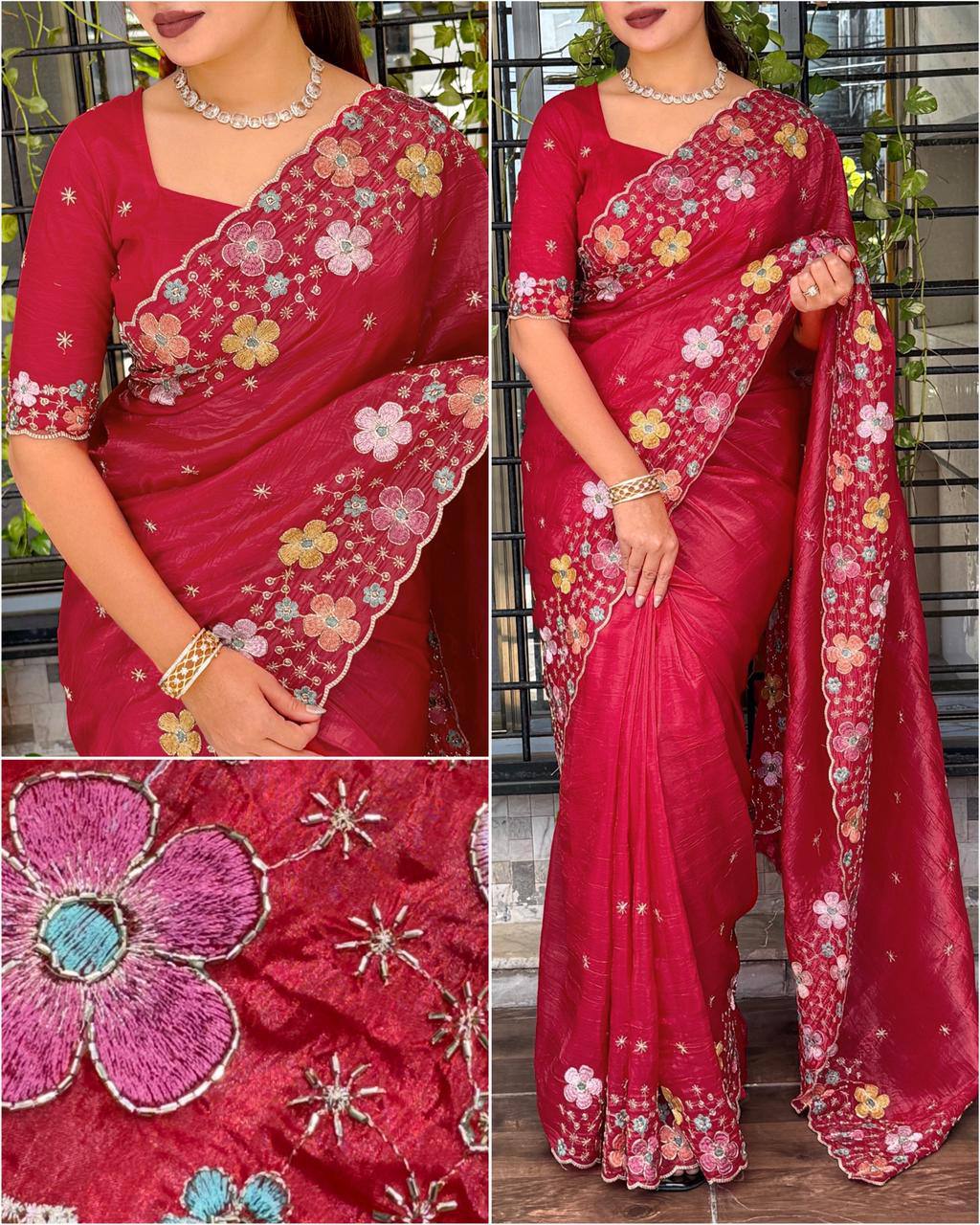 Party Wear Silk Crush Beads Work Saree