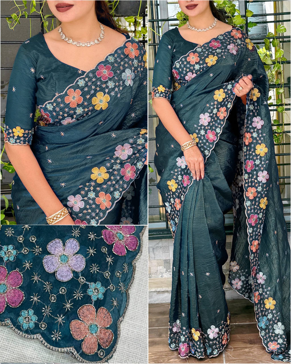 Party Wear Silk Crush Beads Work Saree