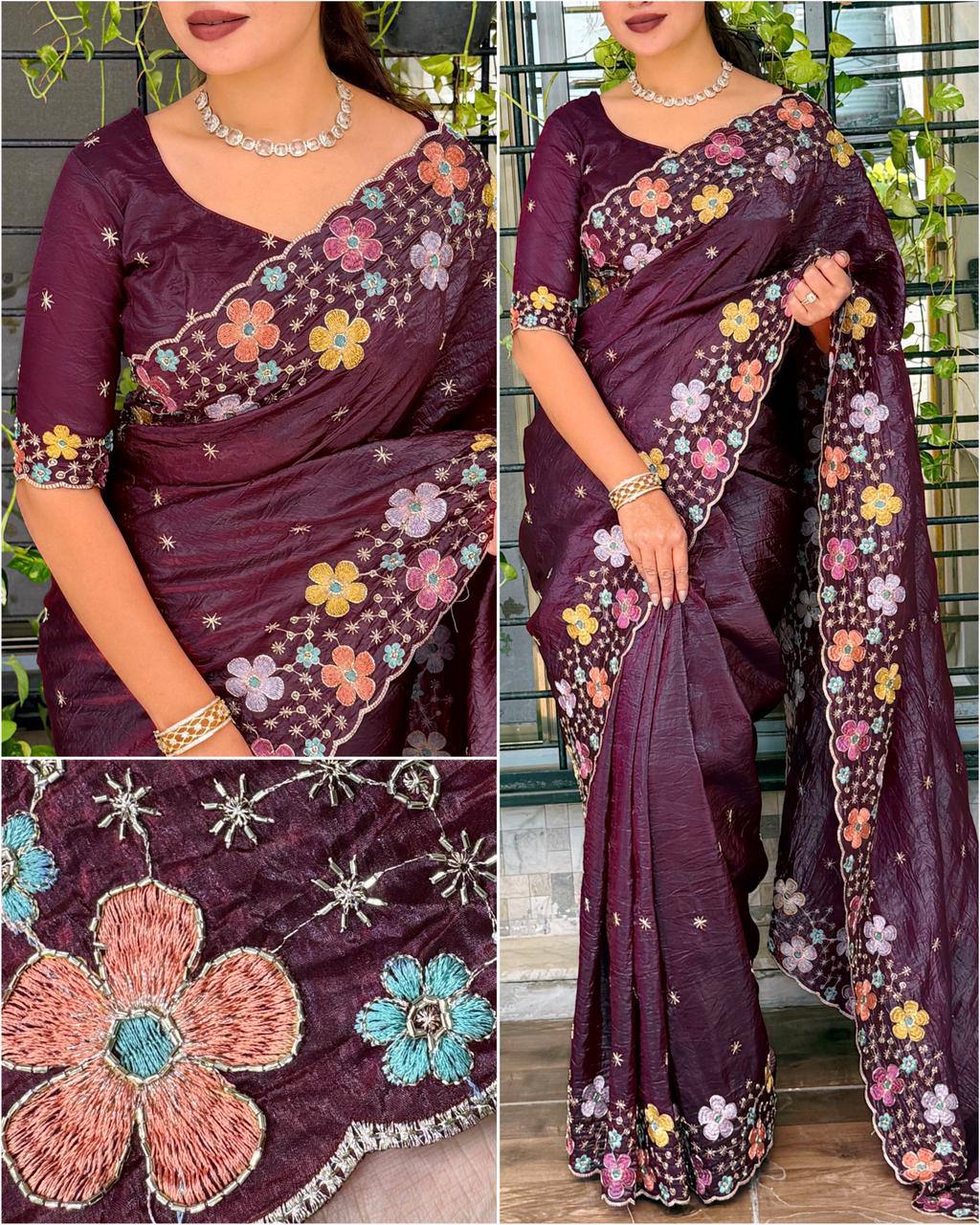 Party Wear Silk Crush Beads Work Saree