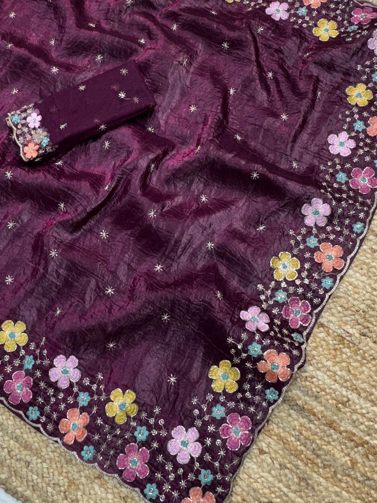 Party Wear Silk Crush Beads Work Saree