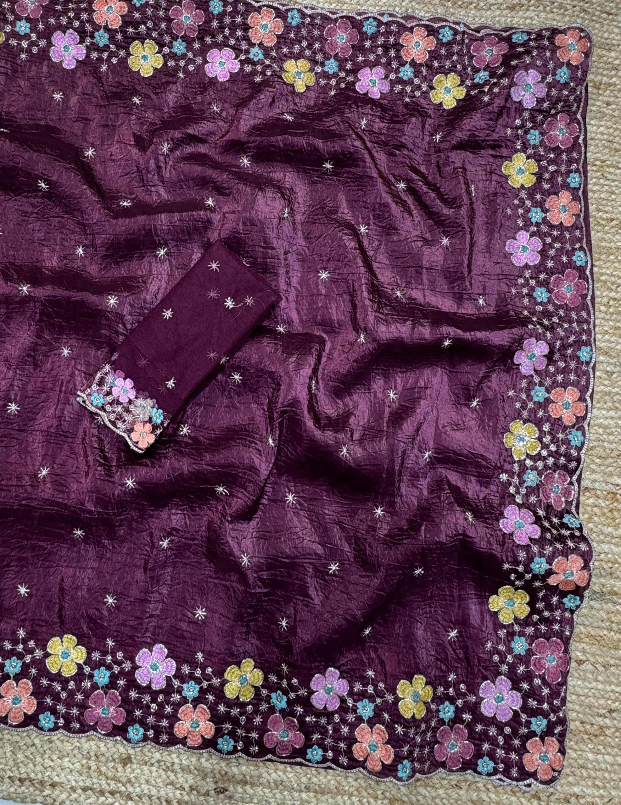 Party Wear Silk Crush Beads Work Saree