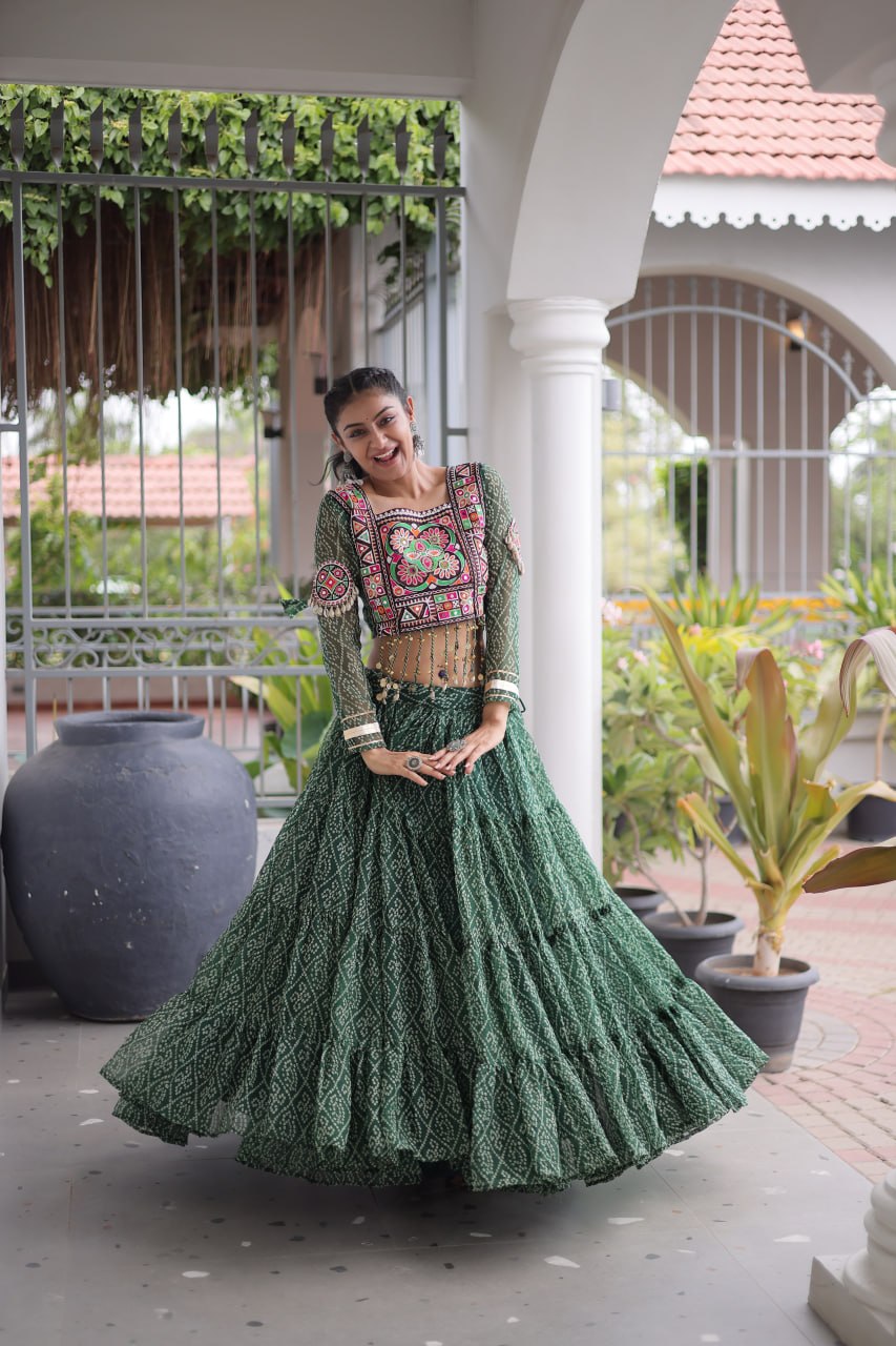 Classic Bandhani Geogrette Lehenga Set With Kutchi Work