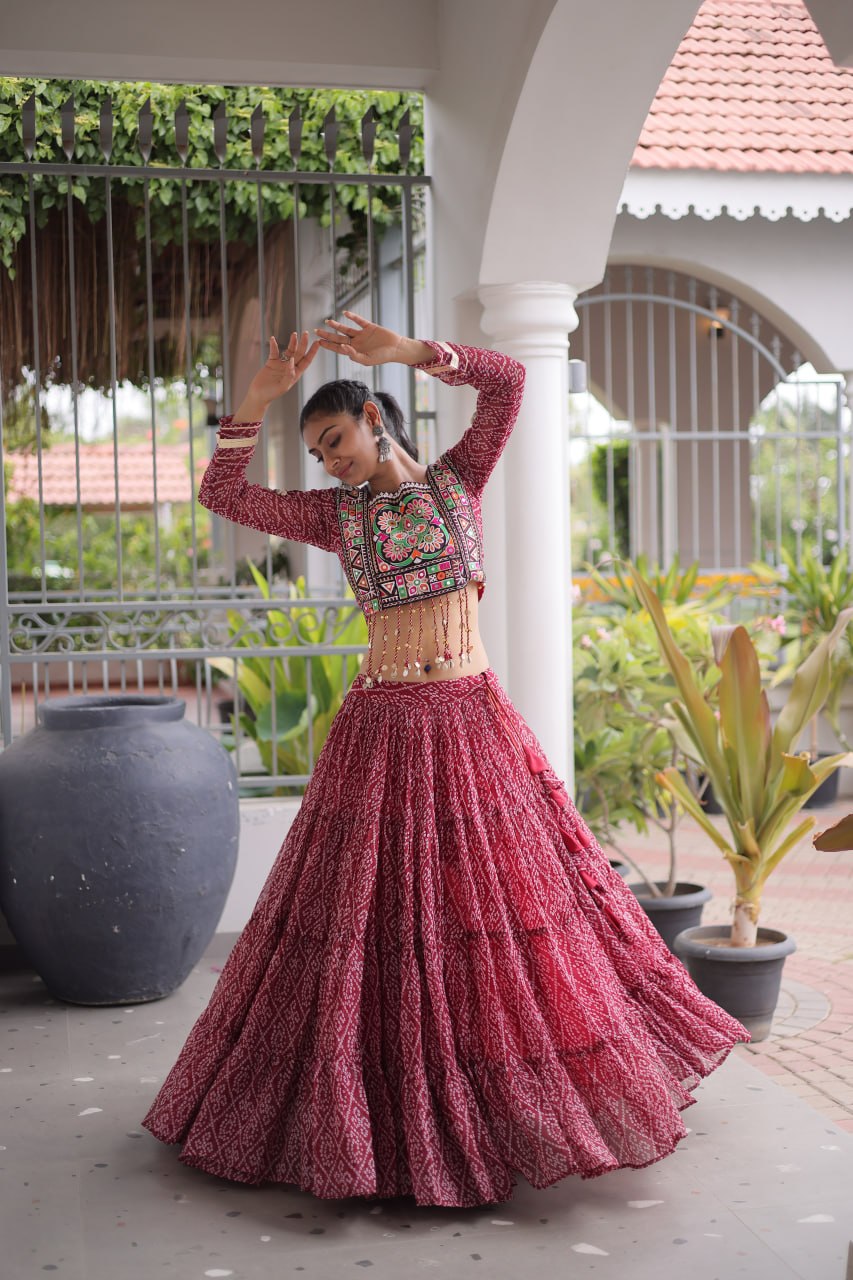 Classic Bandhani Geogrette Lehenga Set With Kutchi Work