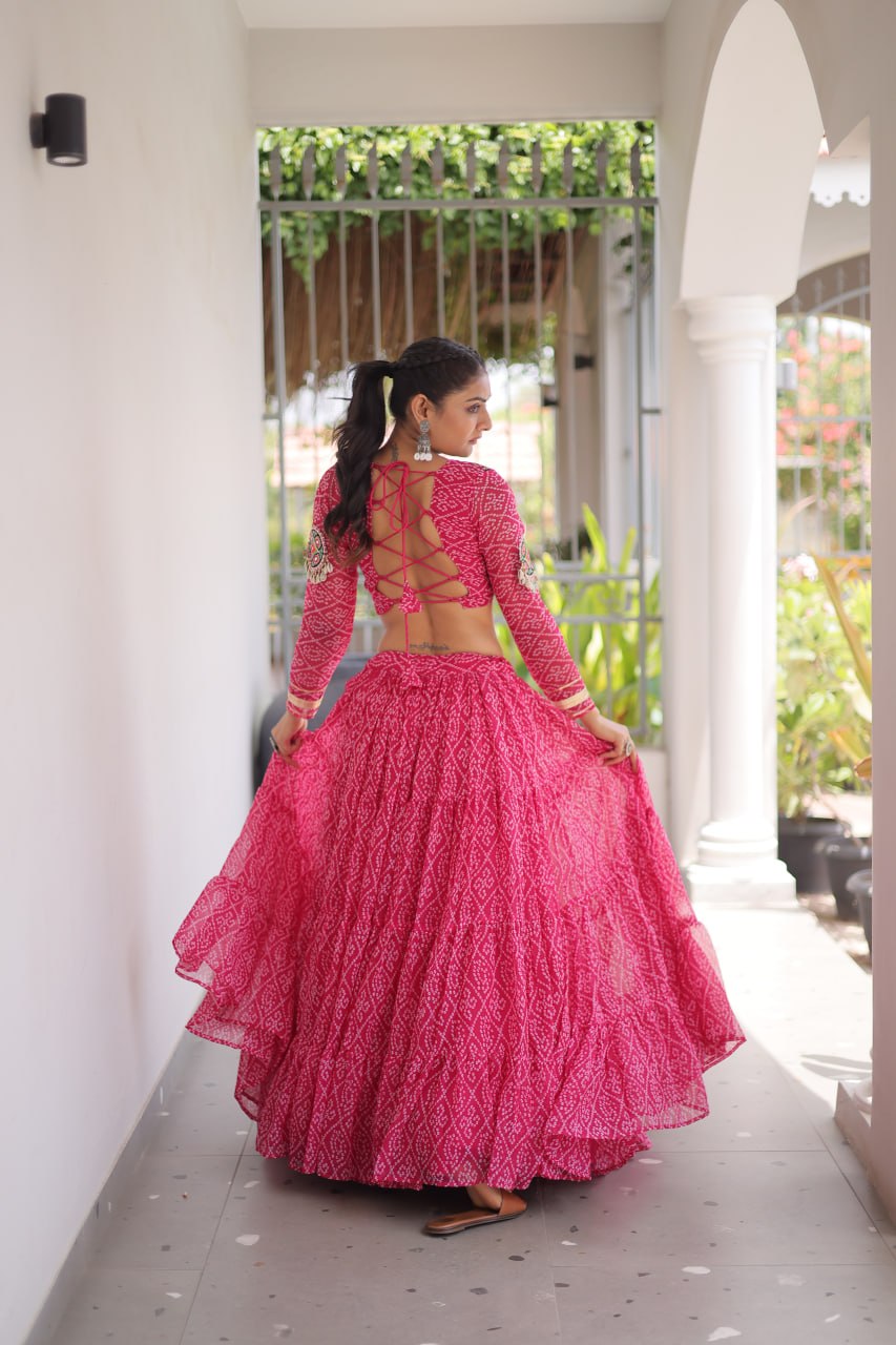 Classic Bandhani Geogrette Lehenga Set With Kutchi Work