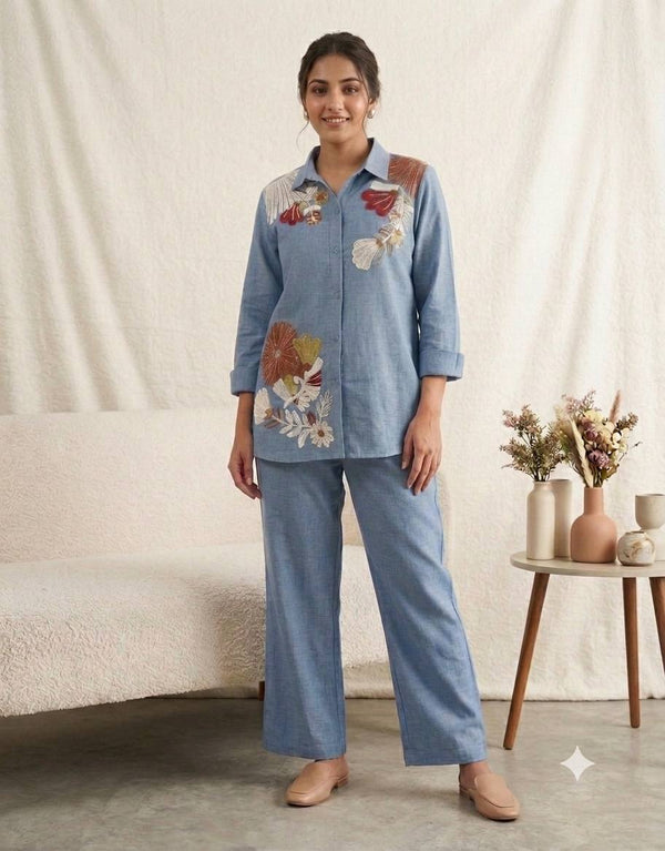 Blue Cotton Denim Embriodery Designer Co-ord Set