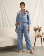 Blue Cotton Denim Embriodery Designer Co-ord Set
