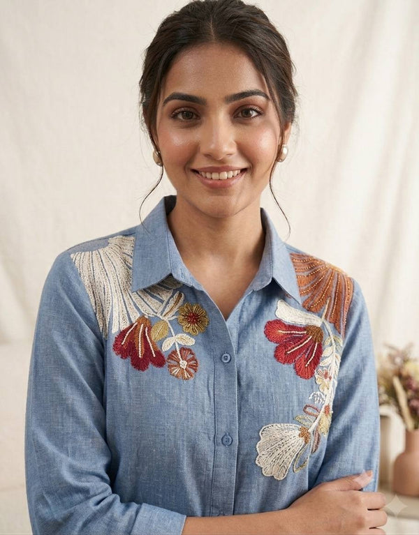 Blue Cotton Denim Embriodery Designer Co-ord Set