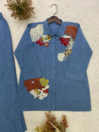 Blue Cotton Denim Embriodery Designer Co-ord Set
