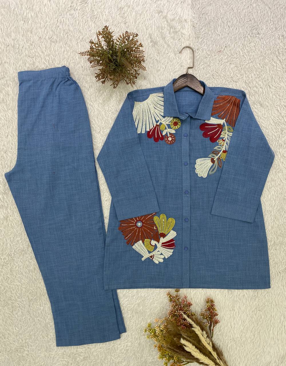 Blue Cotton Denim Embriodery Designer Co-ord Set