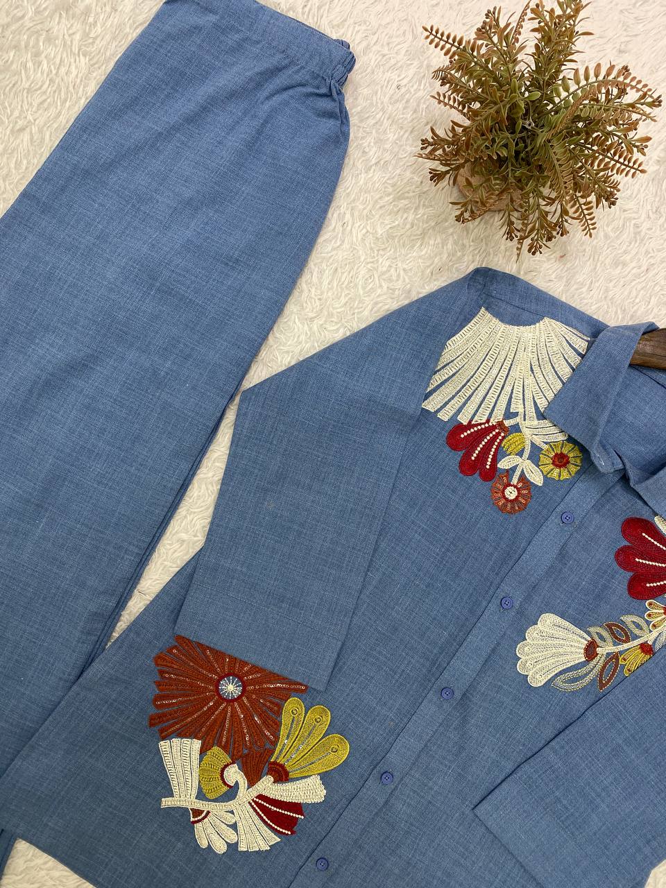 Blue Cotton Denim Embriodery Designer Co-ord Set