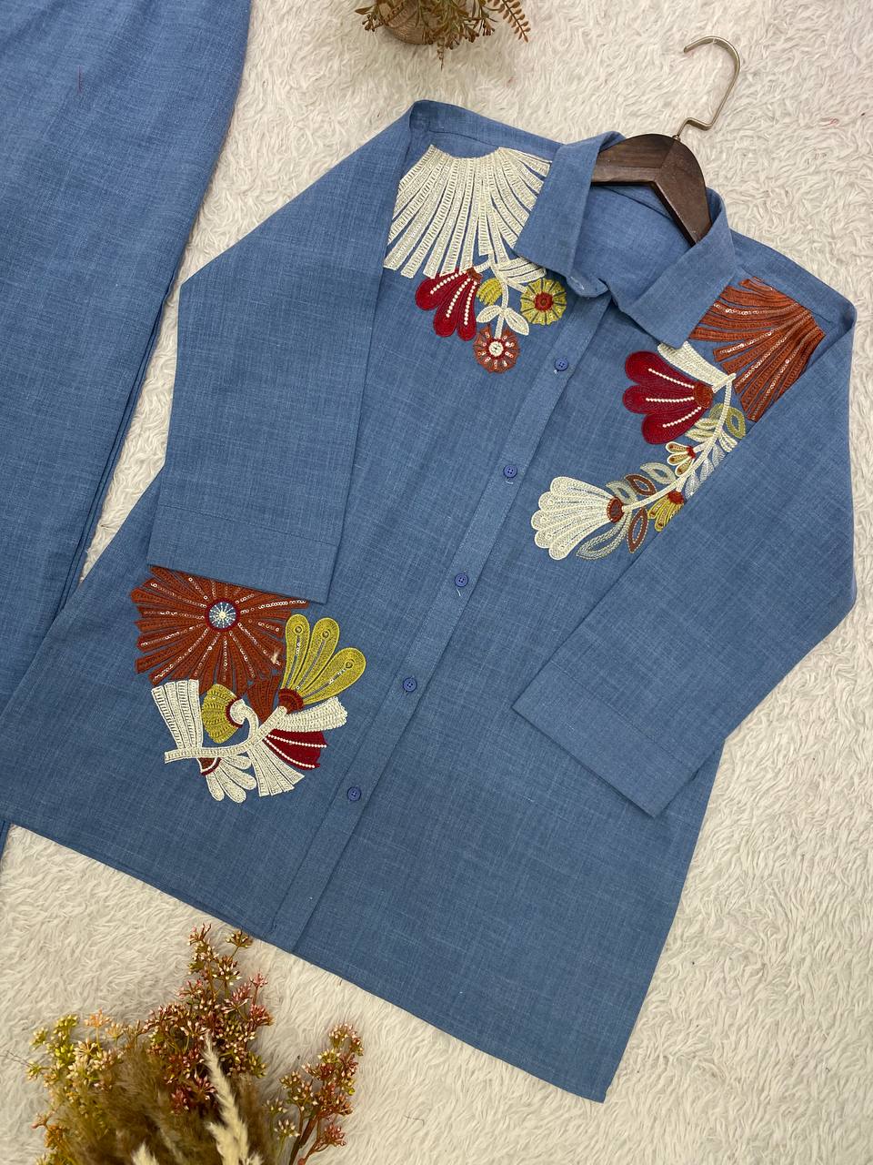 Blue Cotton Denim Embriodery Designer Co-ord Set