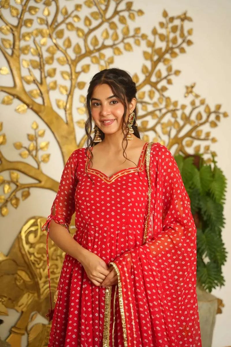 Classic Bandhani Print Geogrette Anarkali Suit Set