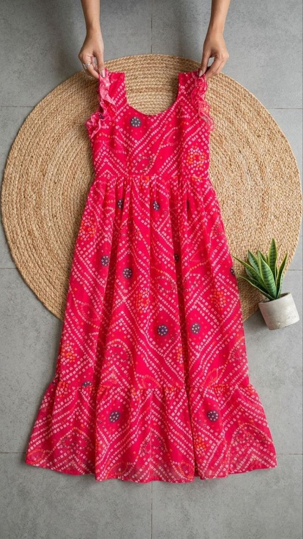 Classic Bandhani Printed Chiffon Maxi Dress