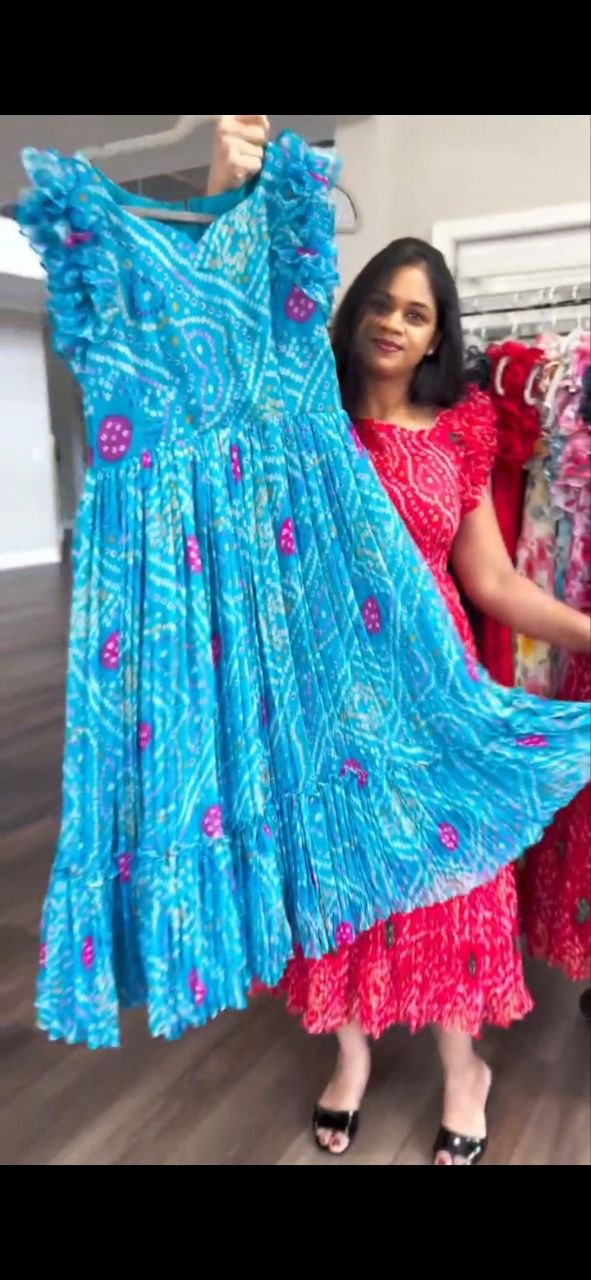 Classic Bandhani Printed Chiffon Maxi Dress