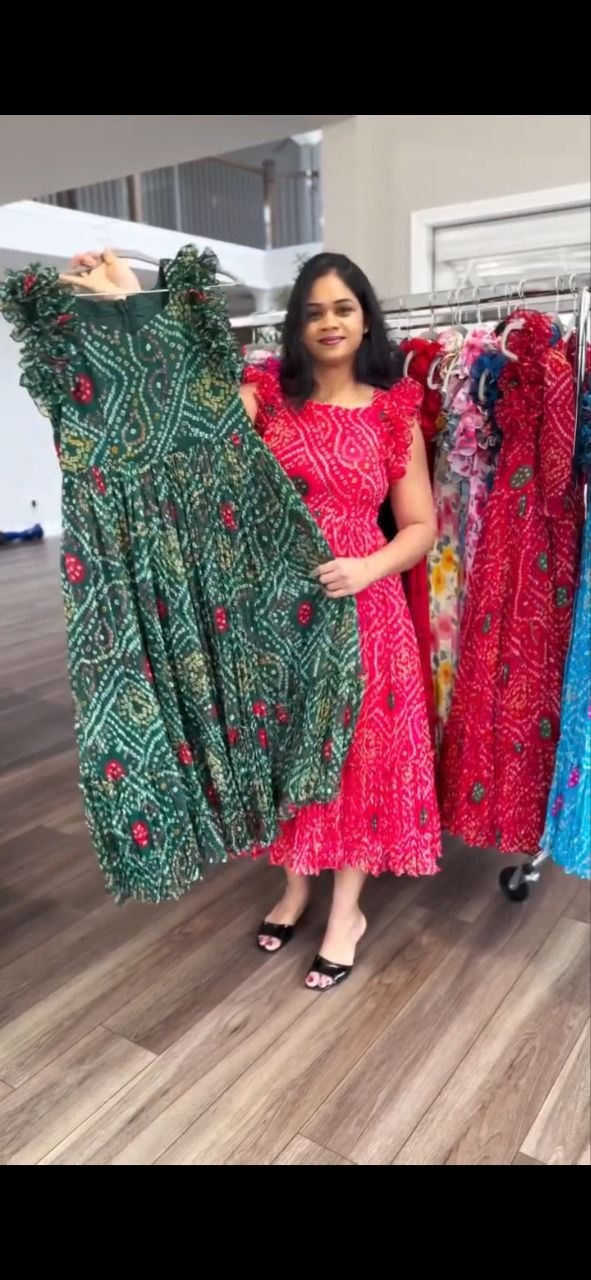 Classic Bandhani Printed Chiffon Maxi Dress
