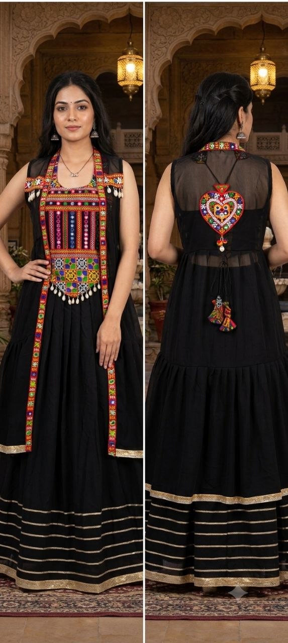 Navratri Special Black Cotton Lehenga Set with Jacket