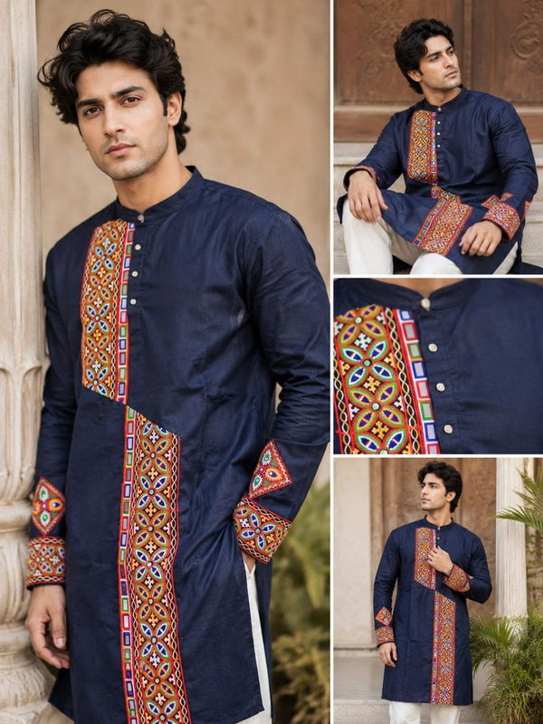 Cotton Gamthi Work Men's Kurta Pyjama Navratri Special Set