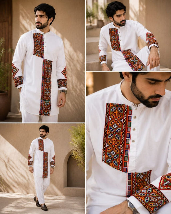 Cotton Gamthi Work Men's Kurta Pyjama Navratri Special Set