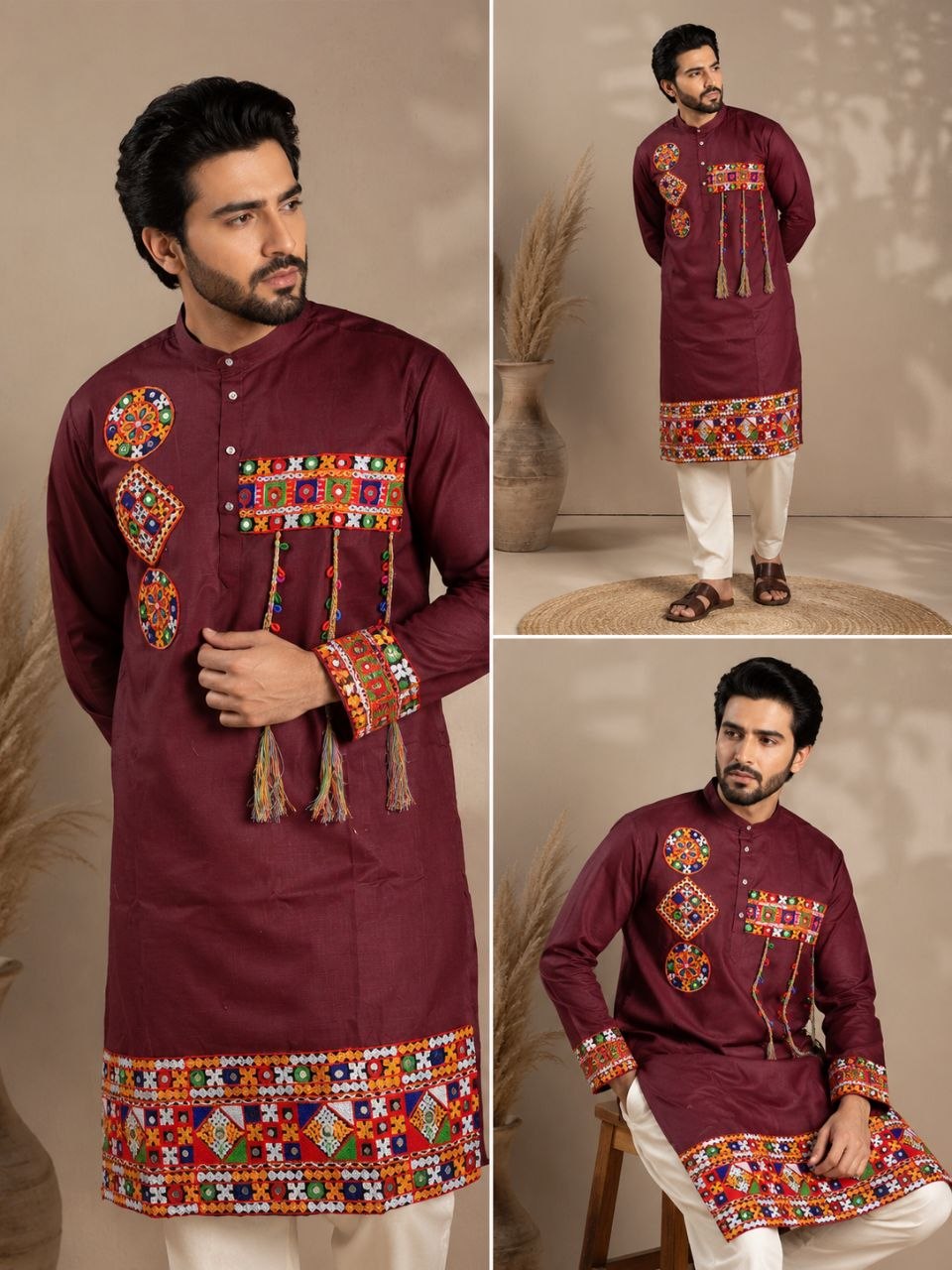 Cotton Gamthi Work Men's Kurta Pyjama Navratri Special Set
