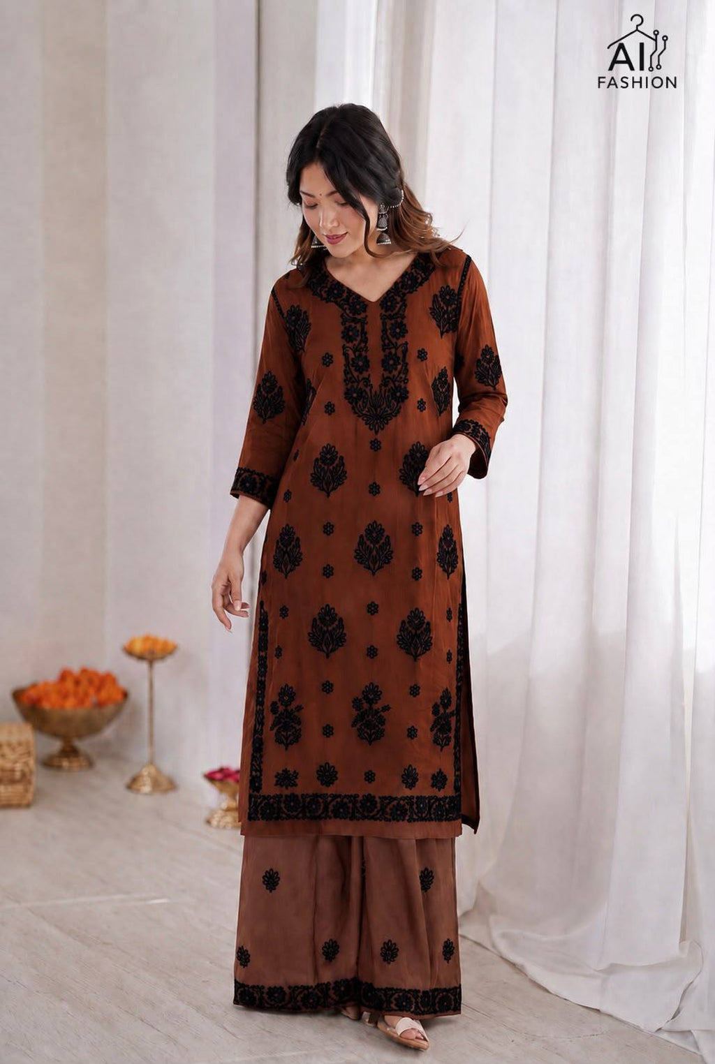 Rayon Chikankari Kurti Palazzo Suit Set