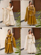 Mustard Chinon Silk Party Wear Palazzo Set Suit