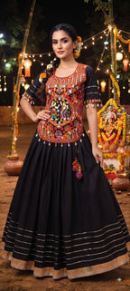 Black Cotton Gamthi Work Lehenga Set