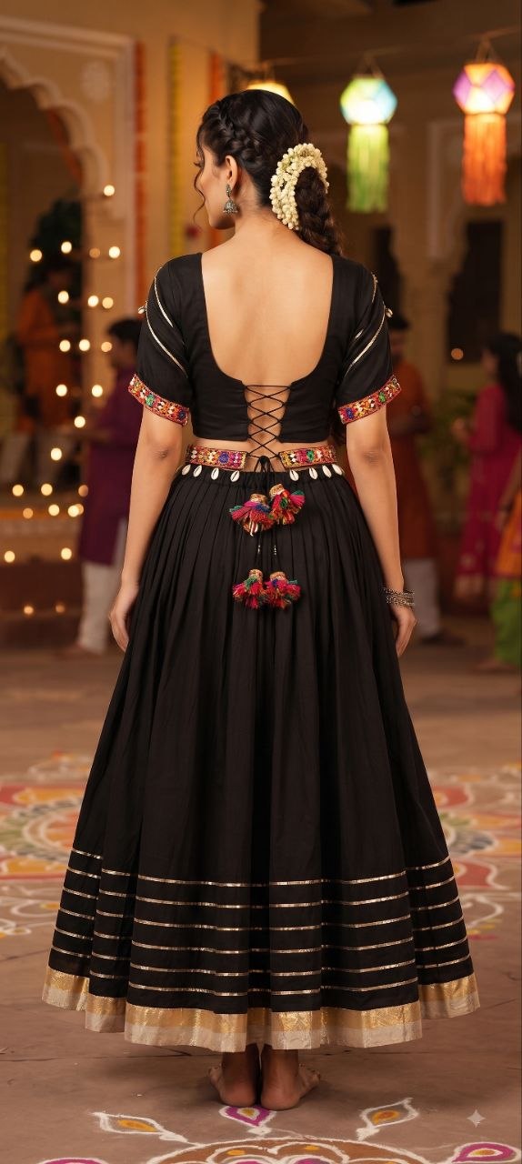 Black Cotton Gamthi Work Lehenga Set