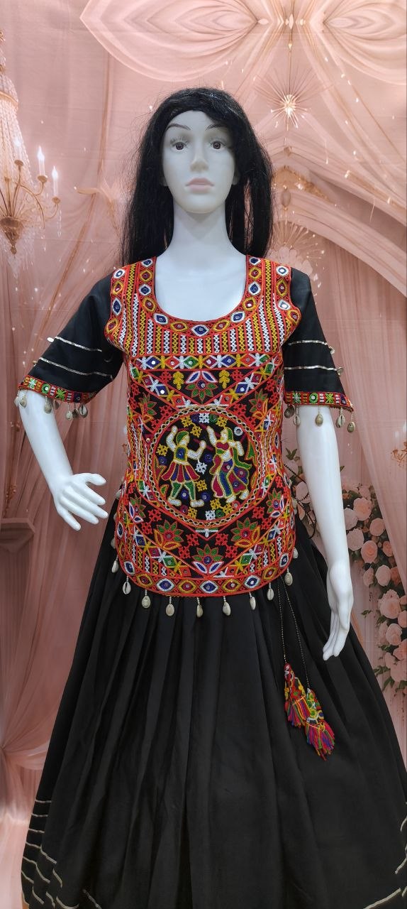 Black Cotton Gamthi Work Lehenga Set