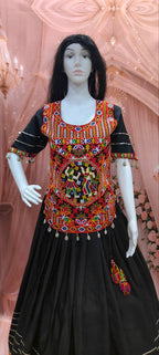 Black Cotton Gamthi Work Lehenga Set