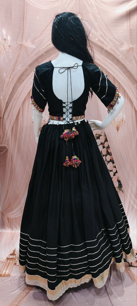 Black Cotton Gamthi Work Lehenga Set