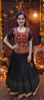Black Cotton Gamthi Work Lehenga Set