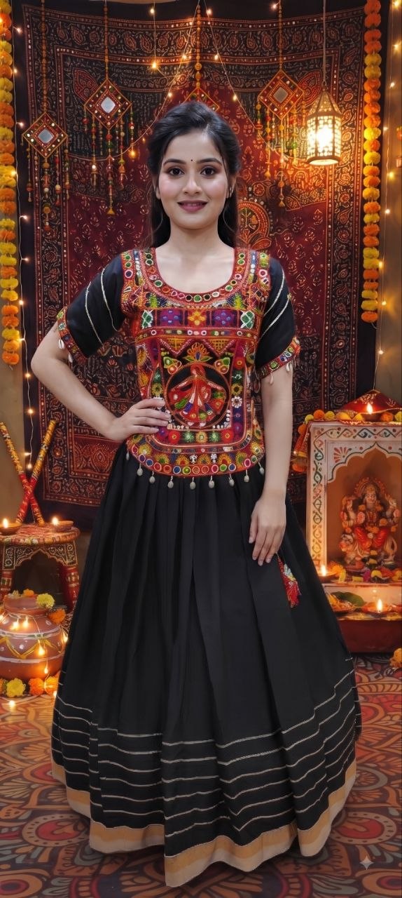 Black Cotton Gamthi Work Lehenga Set