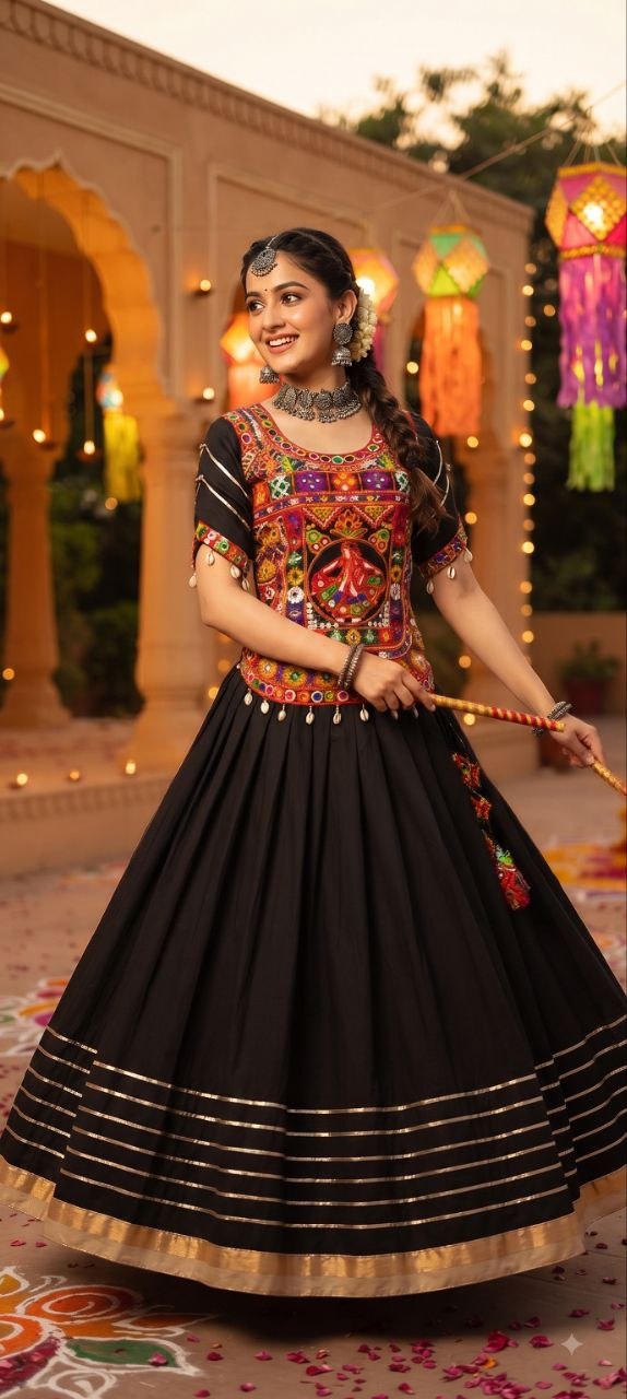 Black Cotton Gamthi Work Lehenga Set