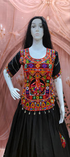 Black Cotton Gamthi Work Lehenga Set