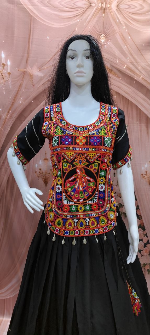 Black Cotton Gamthi Work Lehenga Set