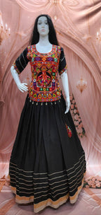 Black Cotton Gamthi Work Lehenga Set