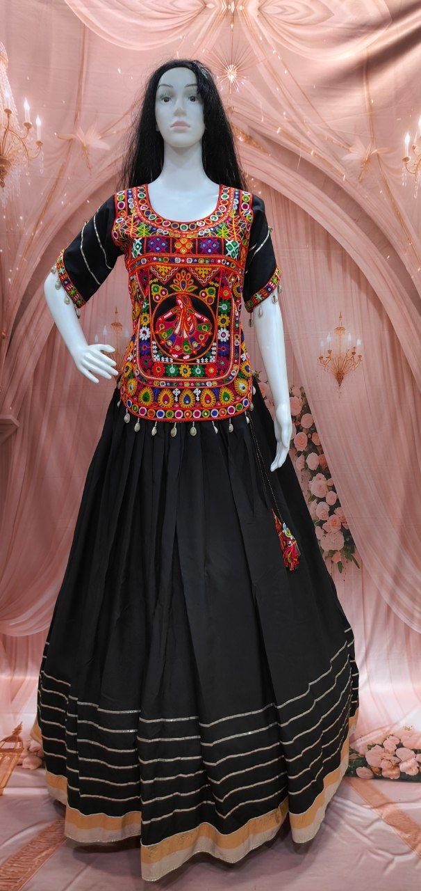 Black Cotton Gamthi Work Lehenga Set