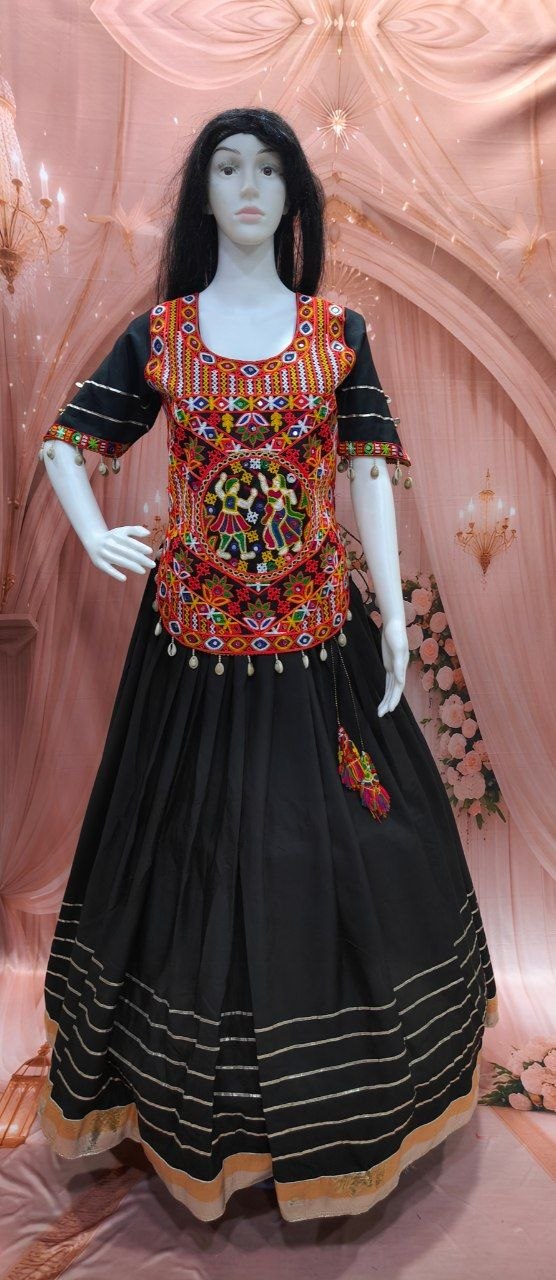 Black Cotton Gamthi Work Lehenga Set
