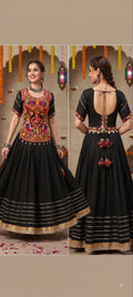 Black Cotton Gamthi Work Lehenga Set