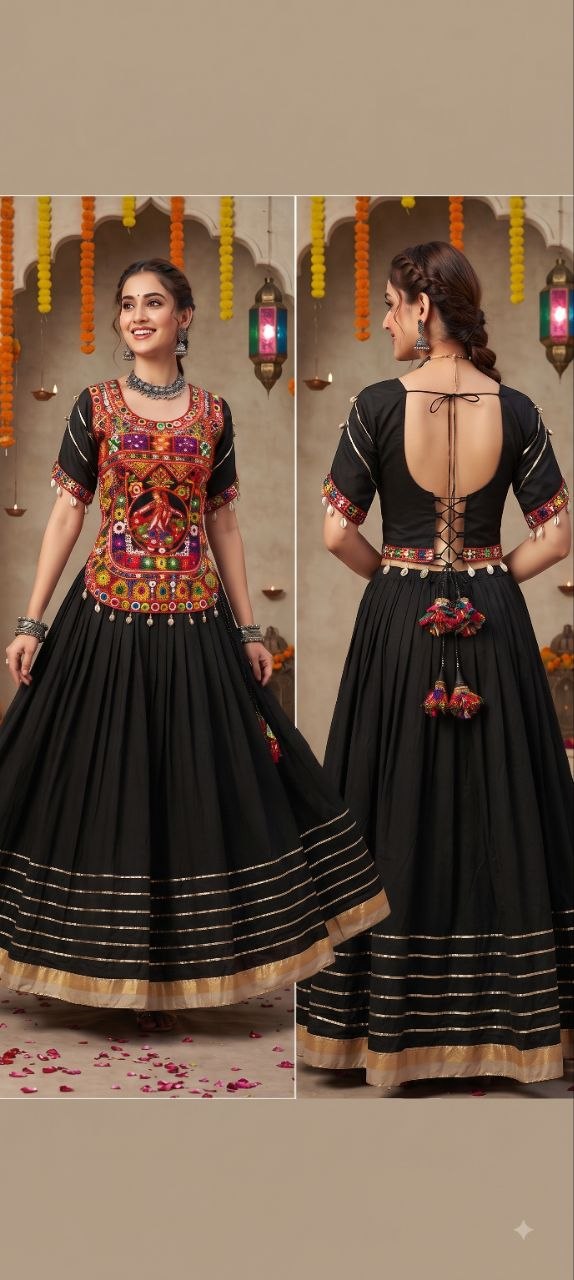 Black Cotton Gamthi Work Lehenga Set