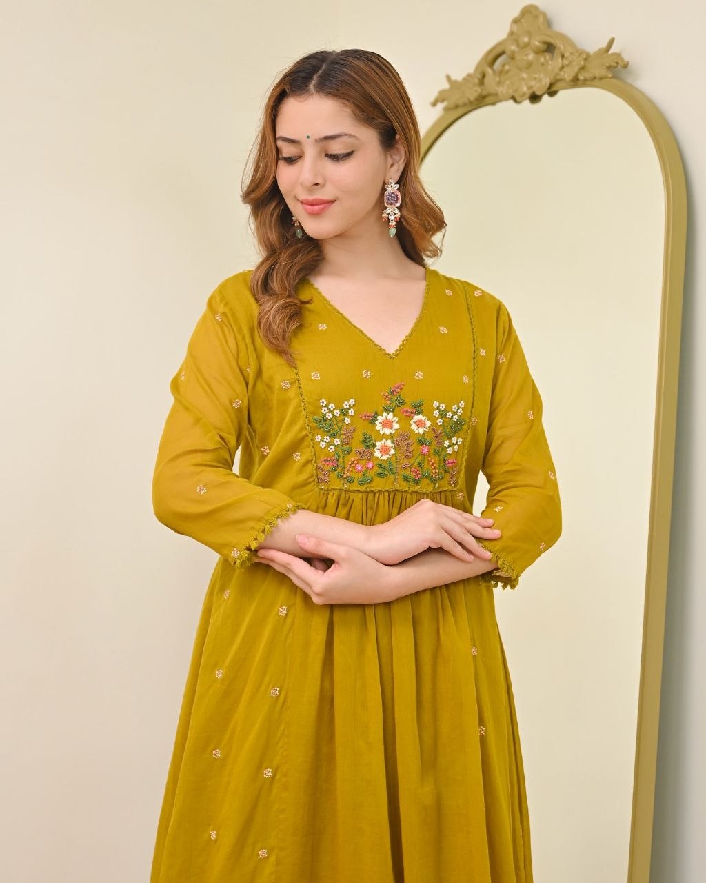 Mustard Mul Chanderi Aline Embriodery Suit Set