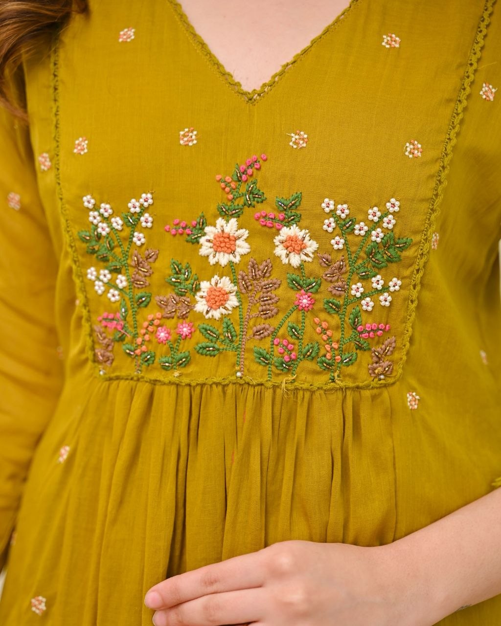 Mustard Mul Chanderi Aline Embriodery Suit Set